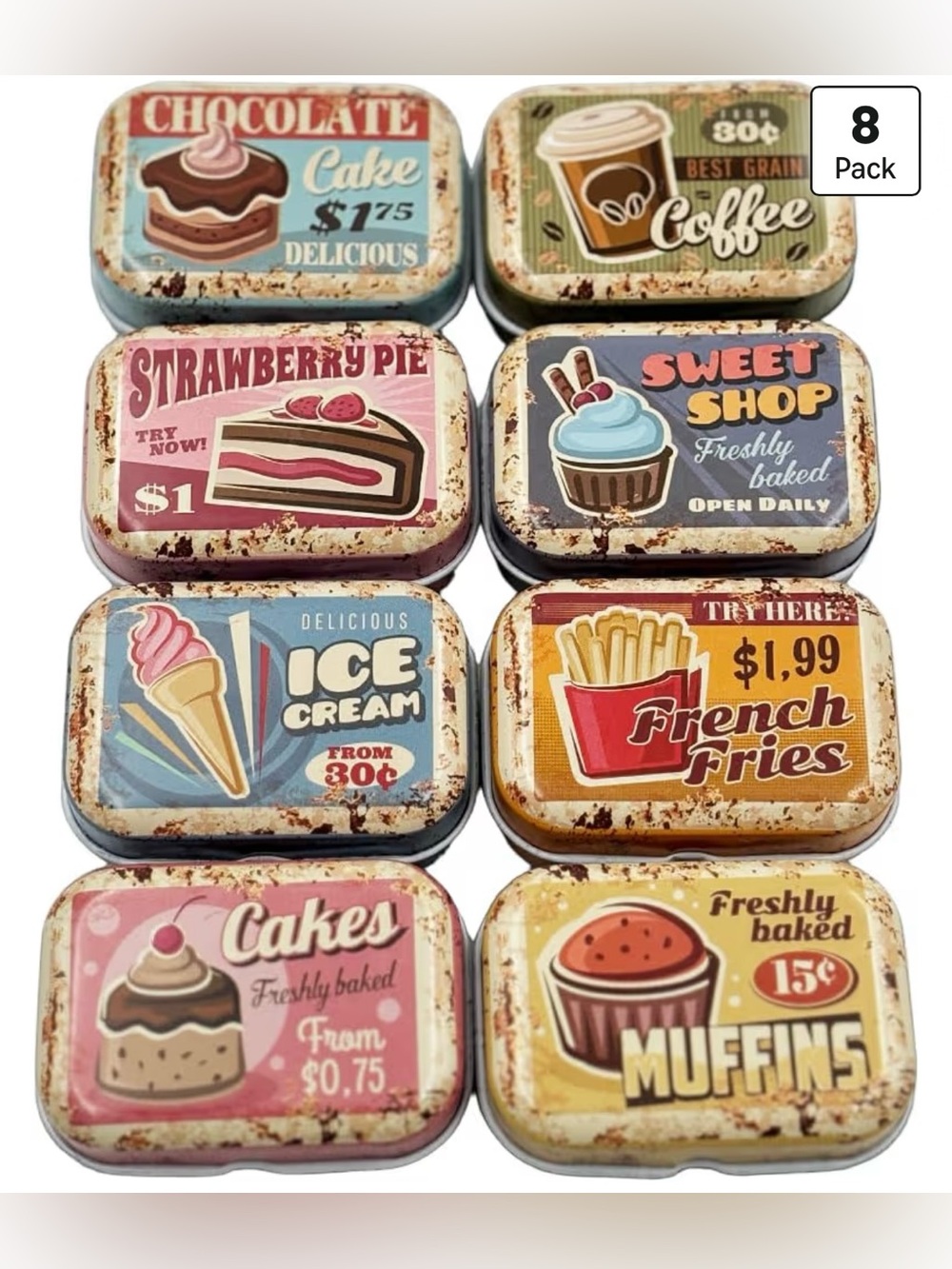 Vintage Retro Dessert Tin Party Favor Set - Assorted Pastel Colors
